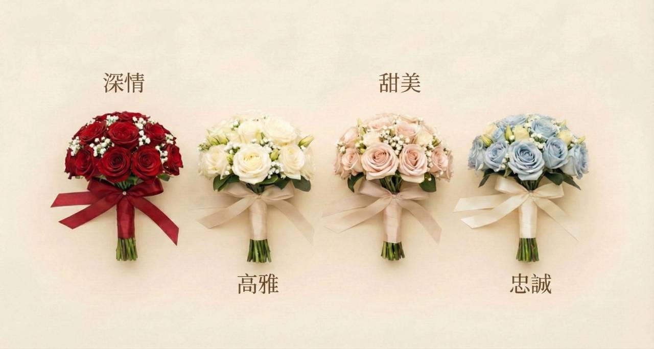 排列著 4-5 束風格相同但顏色各異（紅、白、粉、藍）的小巧捧花